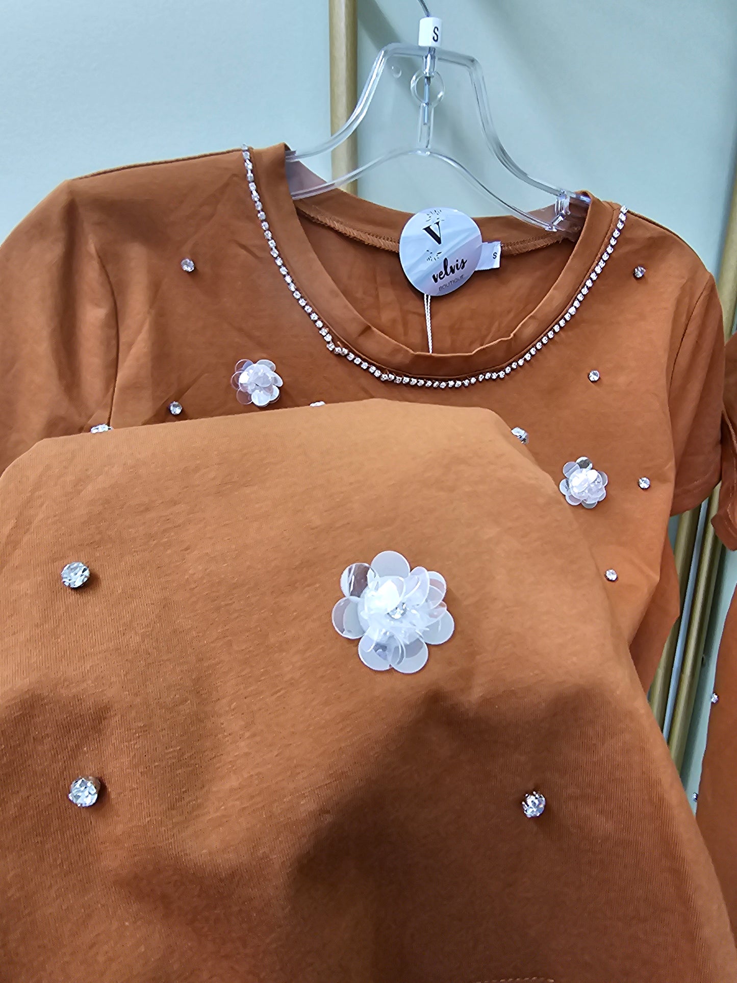 Emely Embellished T-shirt Brown with Rhinestone #T