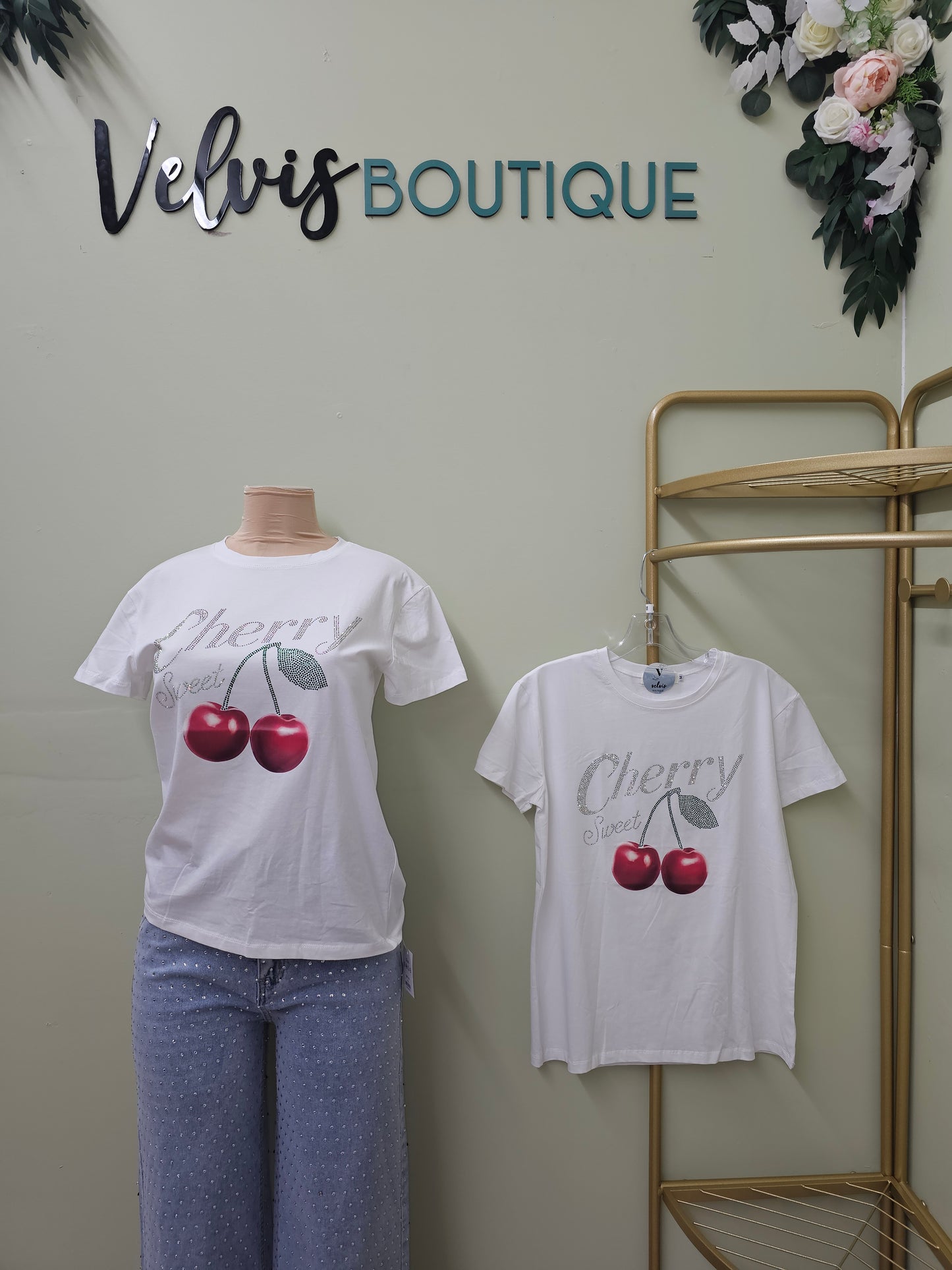 Cherry's white Rhinestone T-shirt #T