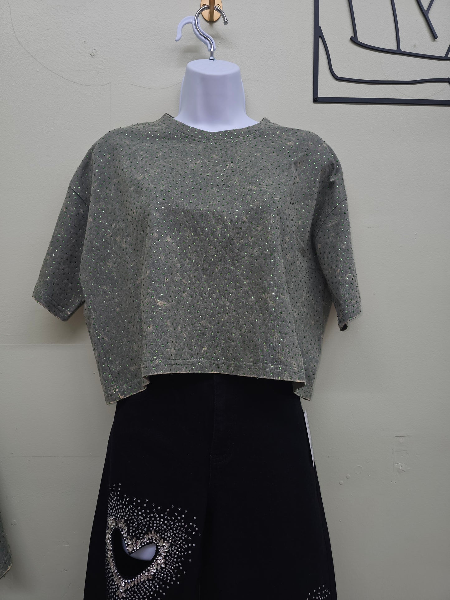 Crop top shirt green olive with rhinestone Womenswear #T