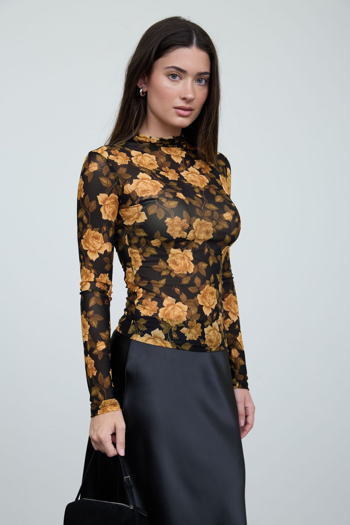 Floral Mesh Mock Neck Long Sleeve Knit Top