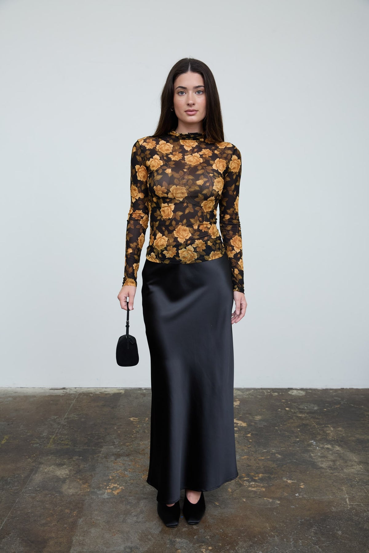 Floral Mesh Mock Neck Long Sleeve Knit Top