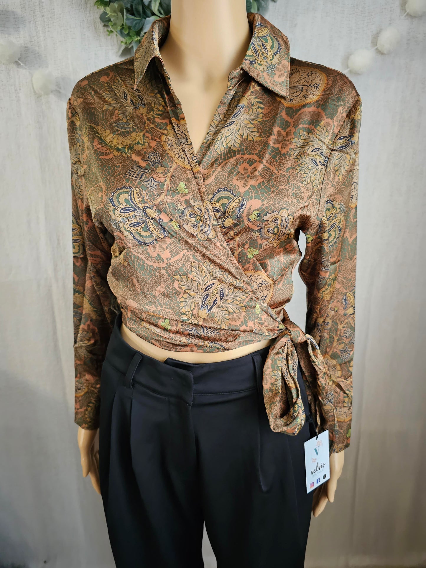 Aaron Top Blouse Satin Brown tie wrap