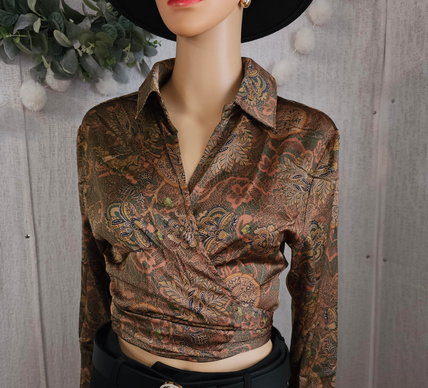 Aaron Top Blouse Satin Brown tie wrap